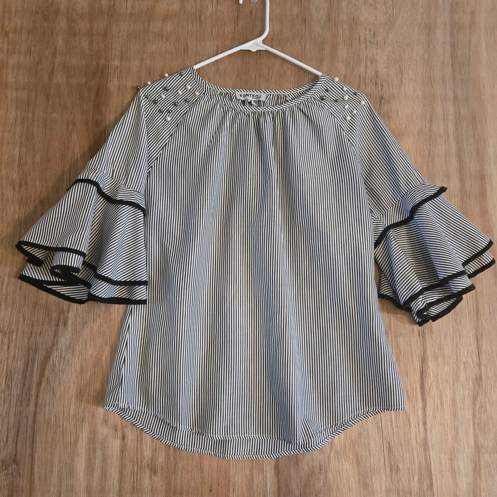 Nautical Striped Bell Sleeve Blouse M Pearl Studded Shoulder Tiered Ruffle Top